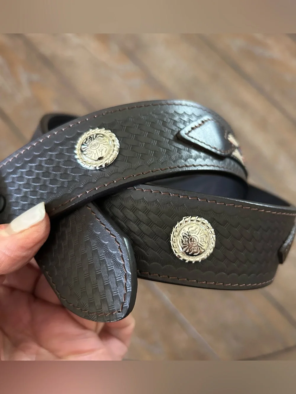 Southwestern Basketweave Brown Leather Belt Embroidered Aztec Inlay With Conchos
